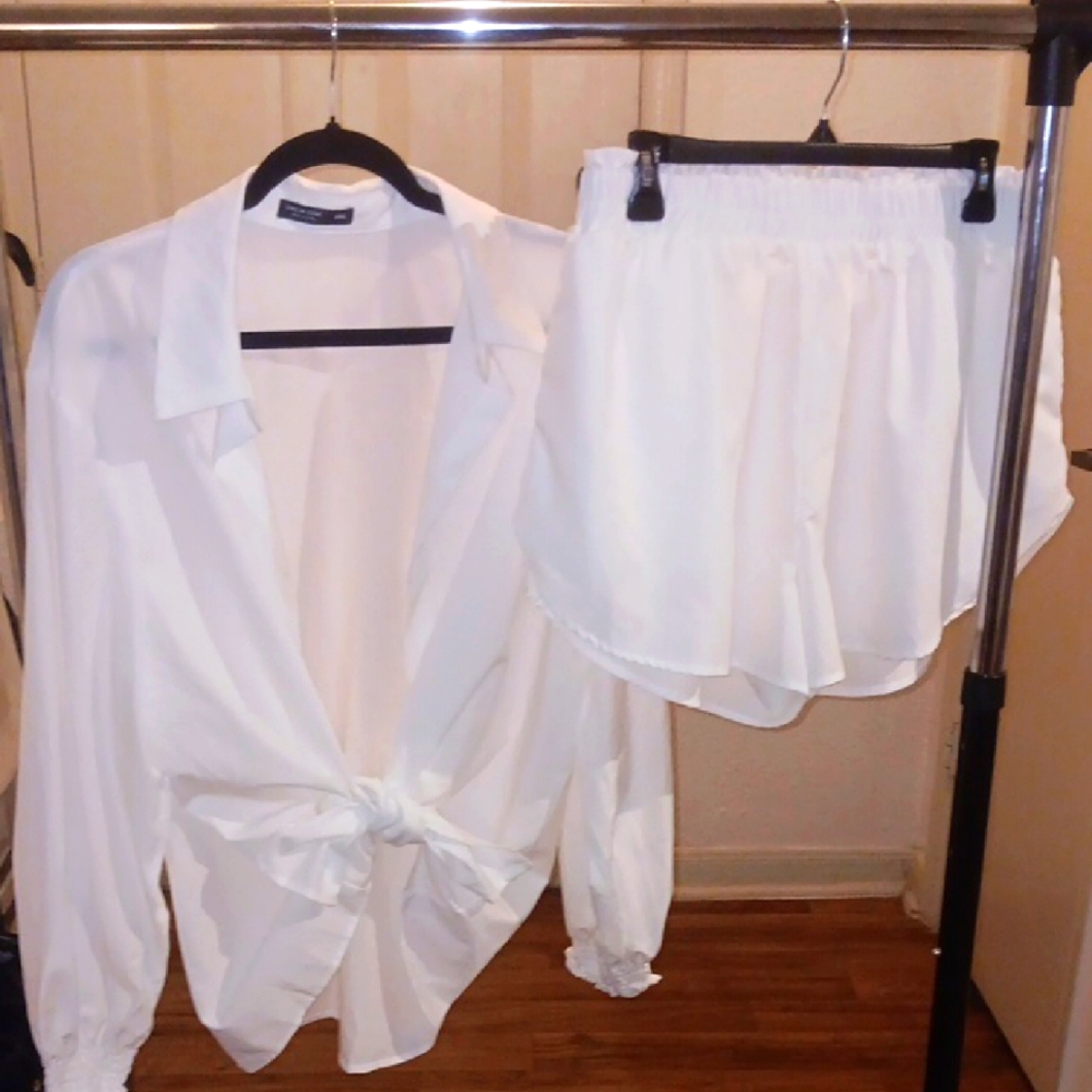 White Tie-Front Blouse and Shorts Set